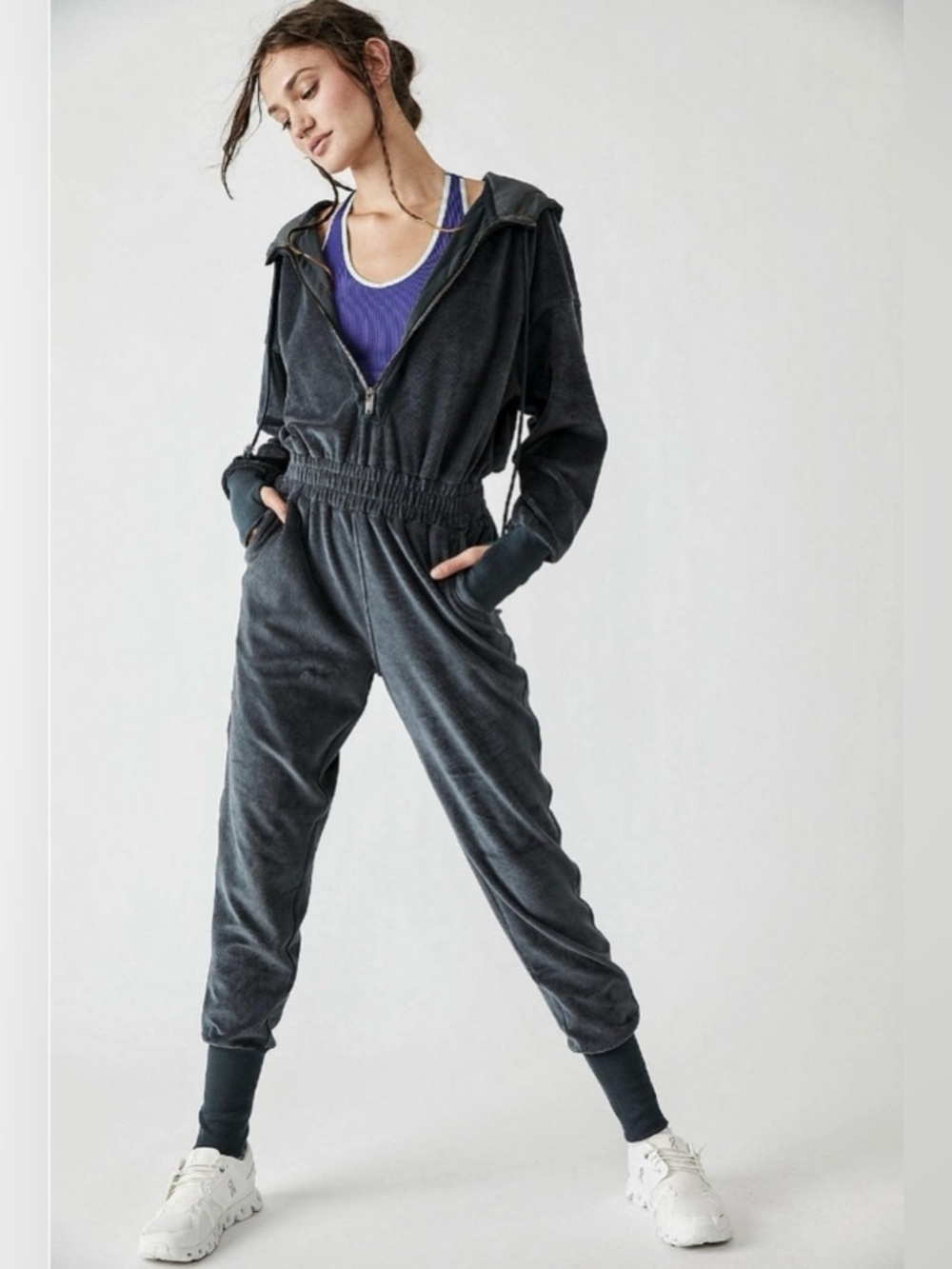 New FP Movement by Free People Training Day Velour Jumpsuit ~ Charcoal Gray